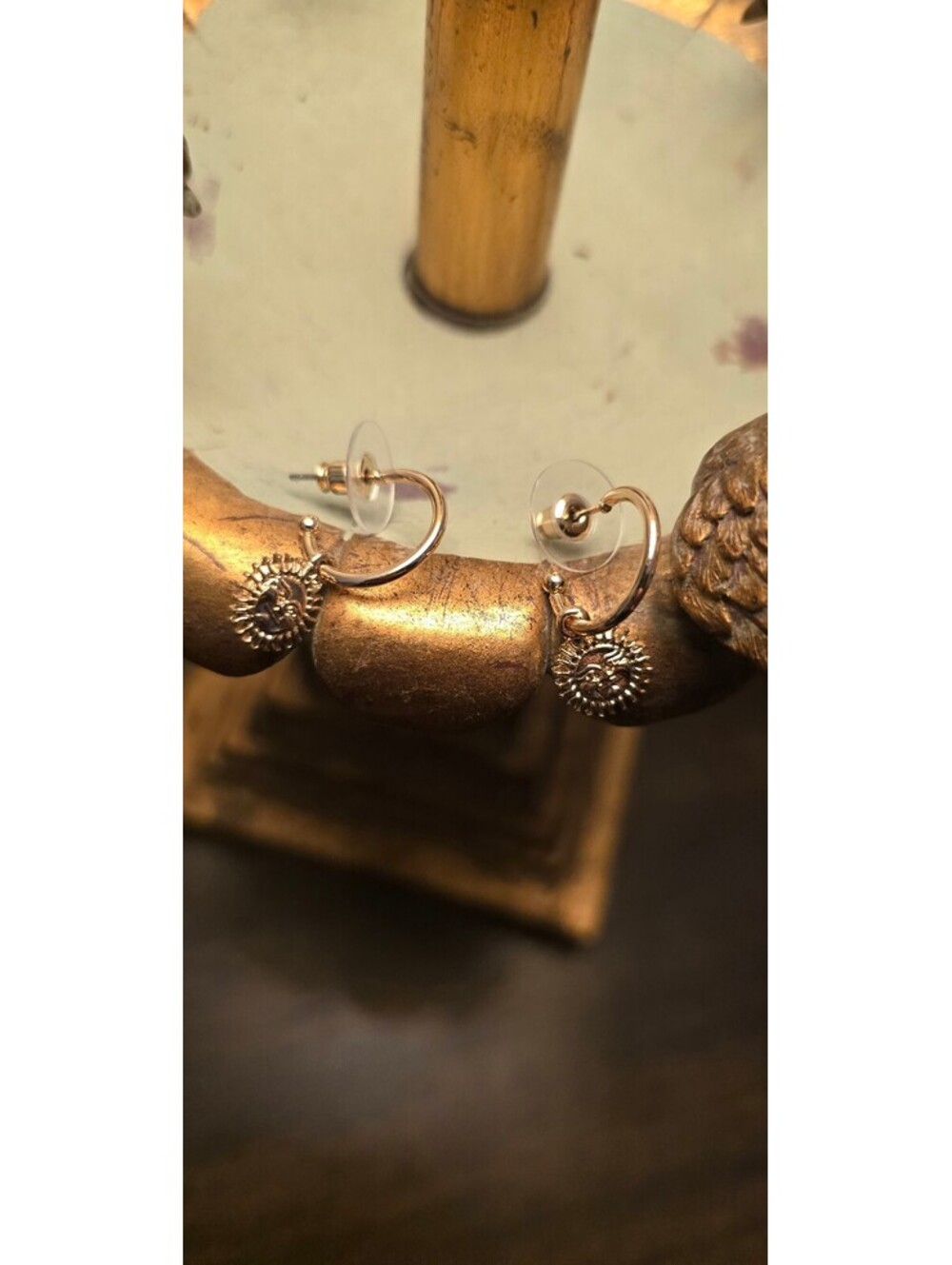 Gold Tone Small Hoop Earrings with Textured Sun Charm